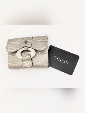 GUESS Croc-Embossed Wallet in Metallic Taupe/Bronze w/Silver Logo & Rhinestones